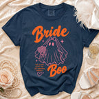 Navy t-shirt with "Bride Boo" text and a ghost bride graphic.