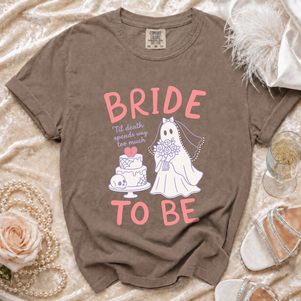 Brown t-shirt with "BRIDE TO BE" text and ghost bride graphic.