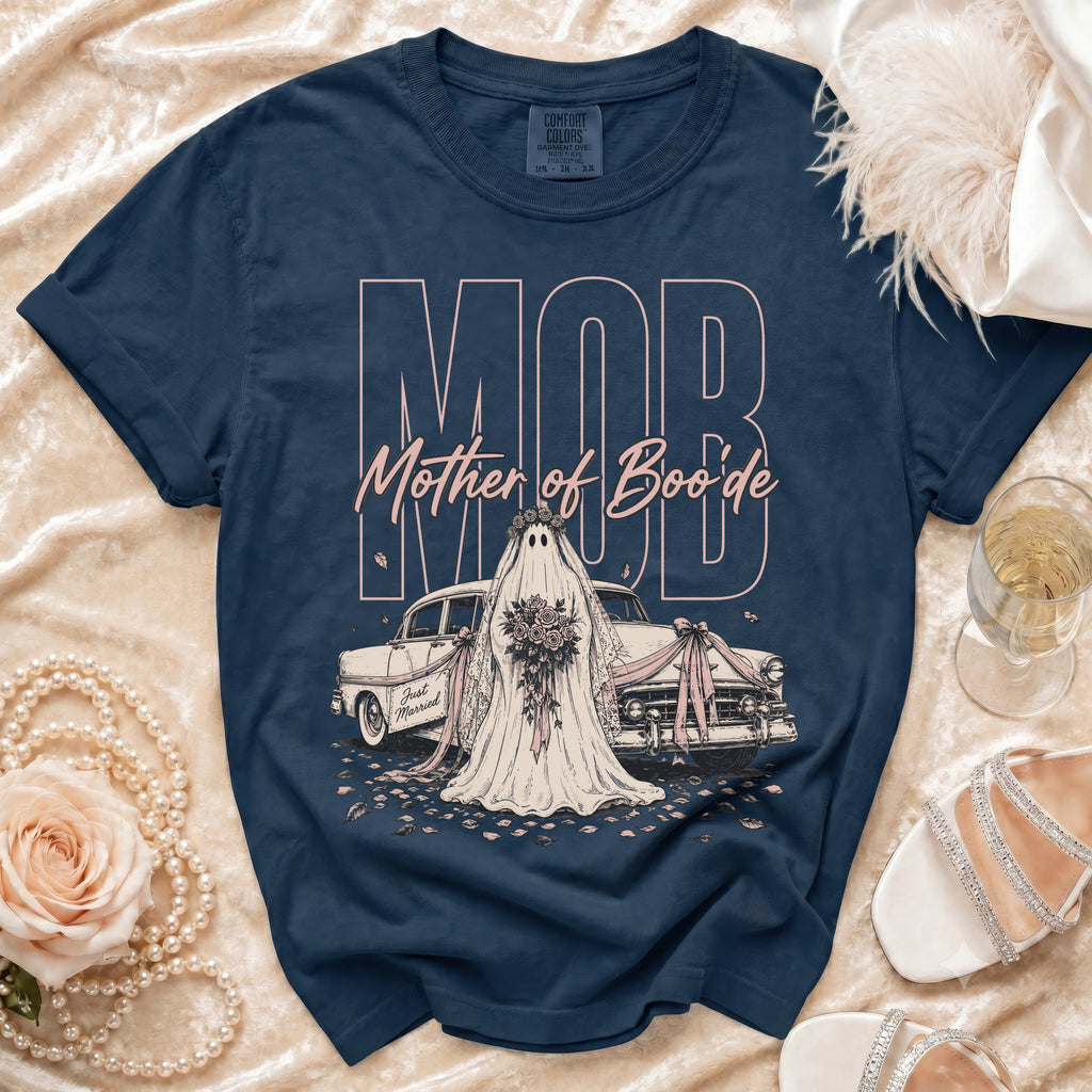 Navy t-shirt with "MOB Mother of Boo'de" text, ghost bride, and vintage car.