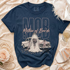 Navy t-shirt with "MOB Mother of Boo'de" text, ghost bride, and vintage car.