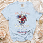 Light blue t-shirt with "Willow's Bachelorette" and patriotic floral design.