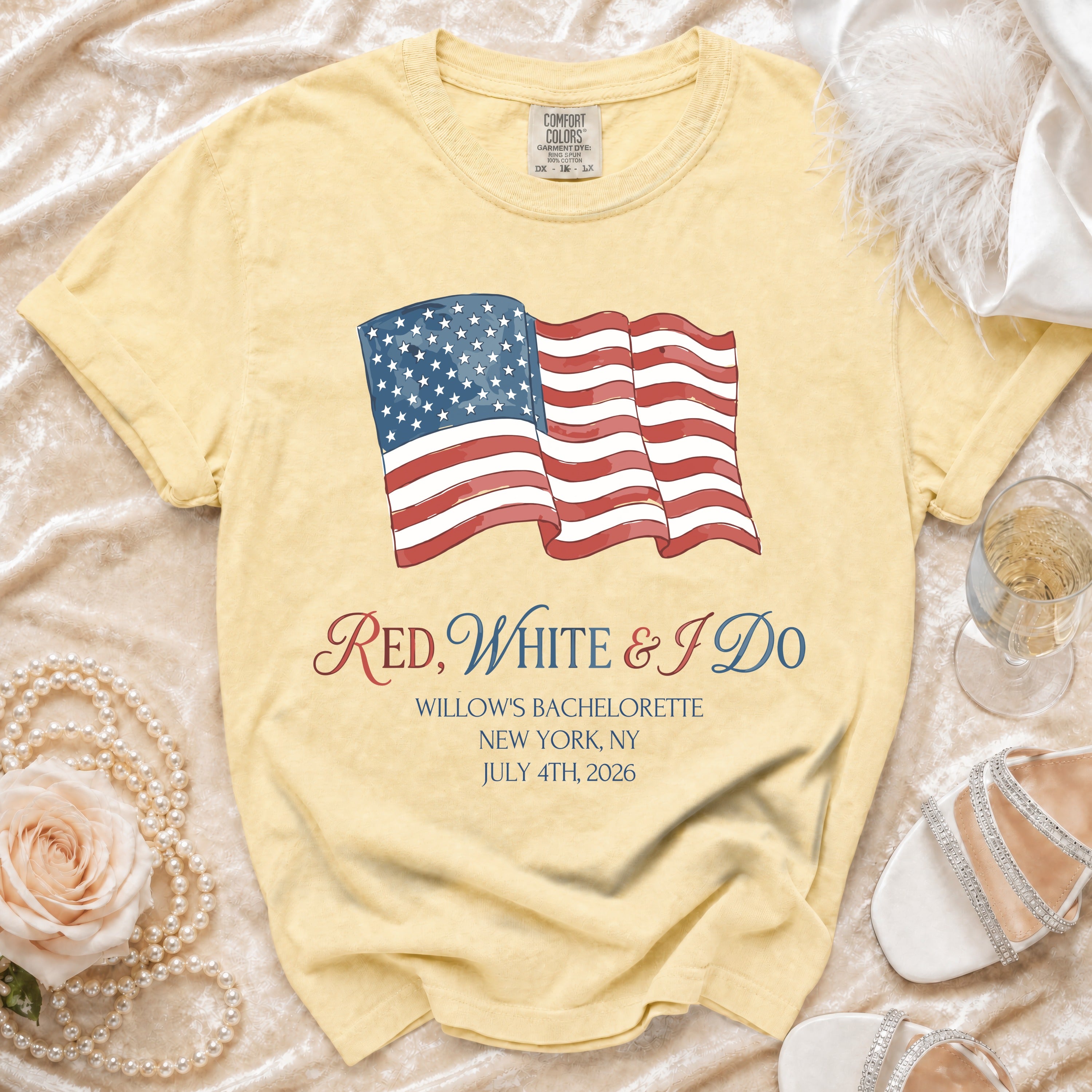 Yellow t-shirt with "Red, White & I Do" and bachelorette details.