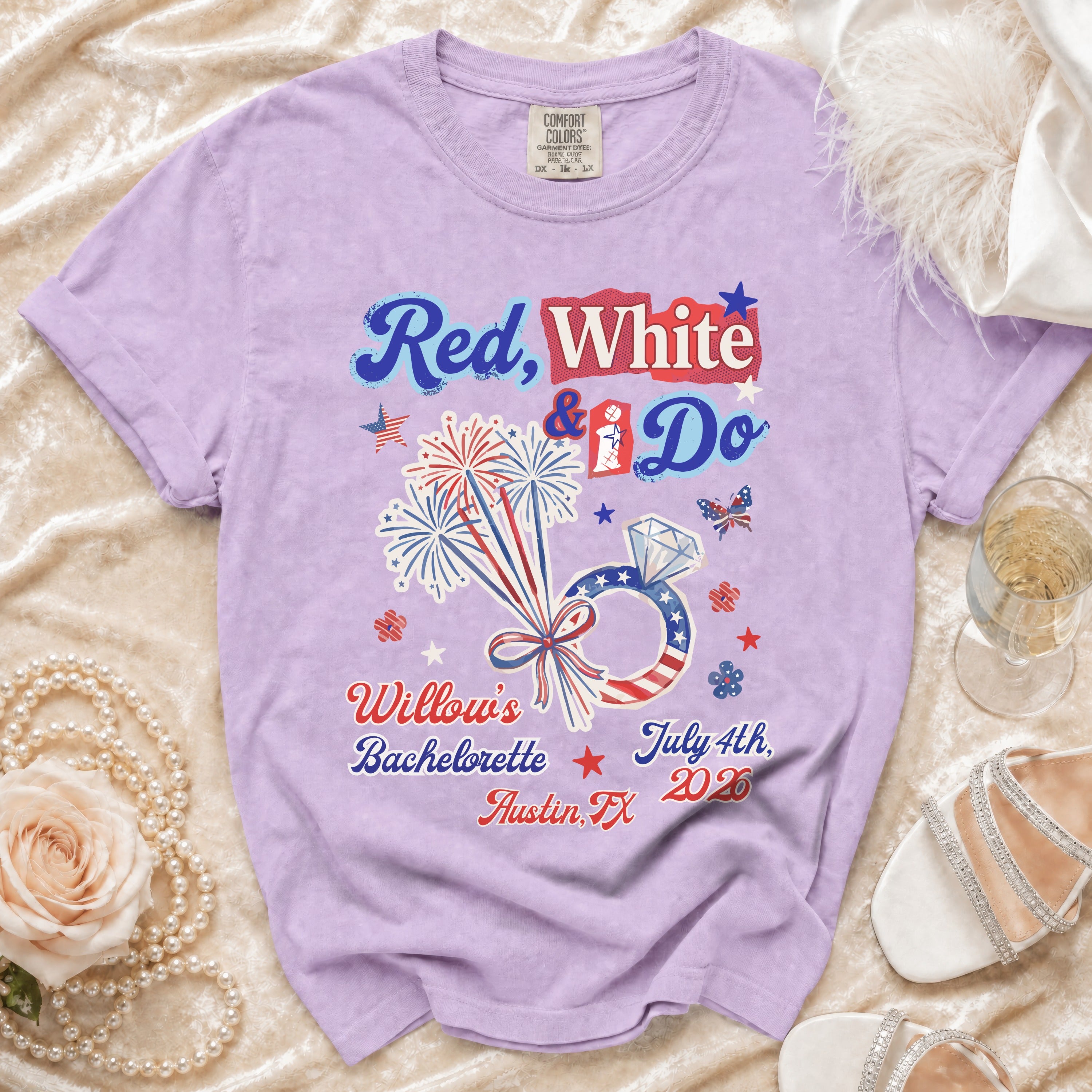 Red, White & Do Bachelorette shirt with fireworks and ring.