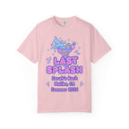 Pink t-shirt with "Last Splash Sarah's Bach Malibu, CA Summer 2026" text and cocktail graphics.