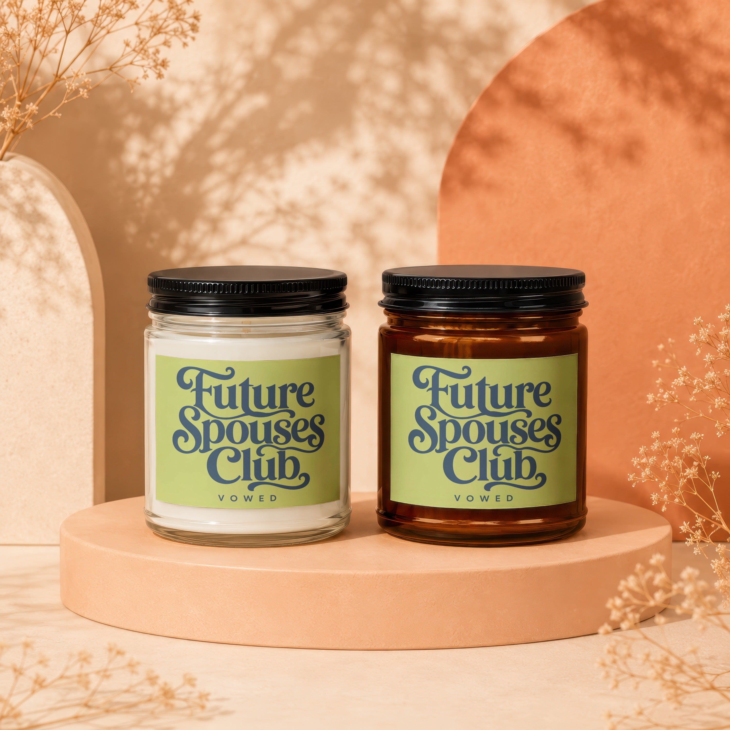 Two candles with labels reading "Future Spouses Club."