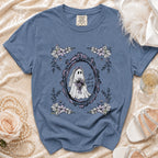 Blue t-shirt with a ghost bride illustration and "til death do us party" text.