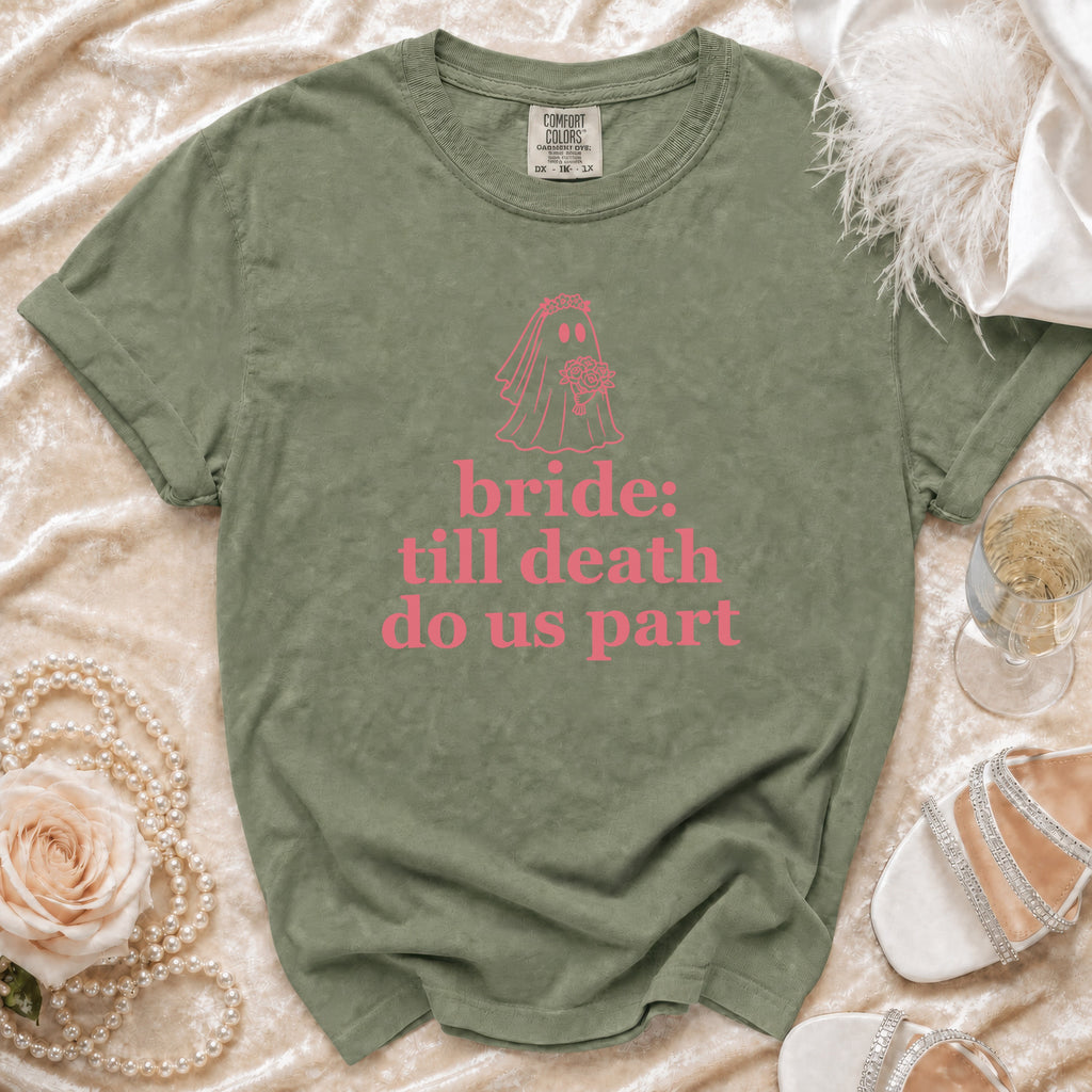 Green t-shirt with ghost bride graphic and text "bride: till death do us part".