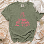 Green t-shirt with ghost bride graphic and text "bride: till death do us part".