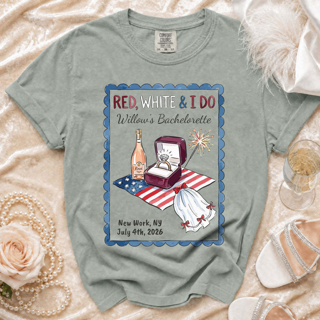 Bachelorette t-shirt with "Red, White & I Do" and patriotic wedding imagery.