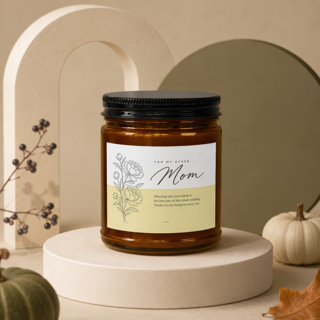 Amber candle labeled "For My Other Mom" with floral design and wedding message.