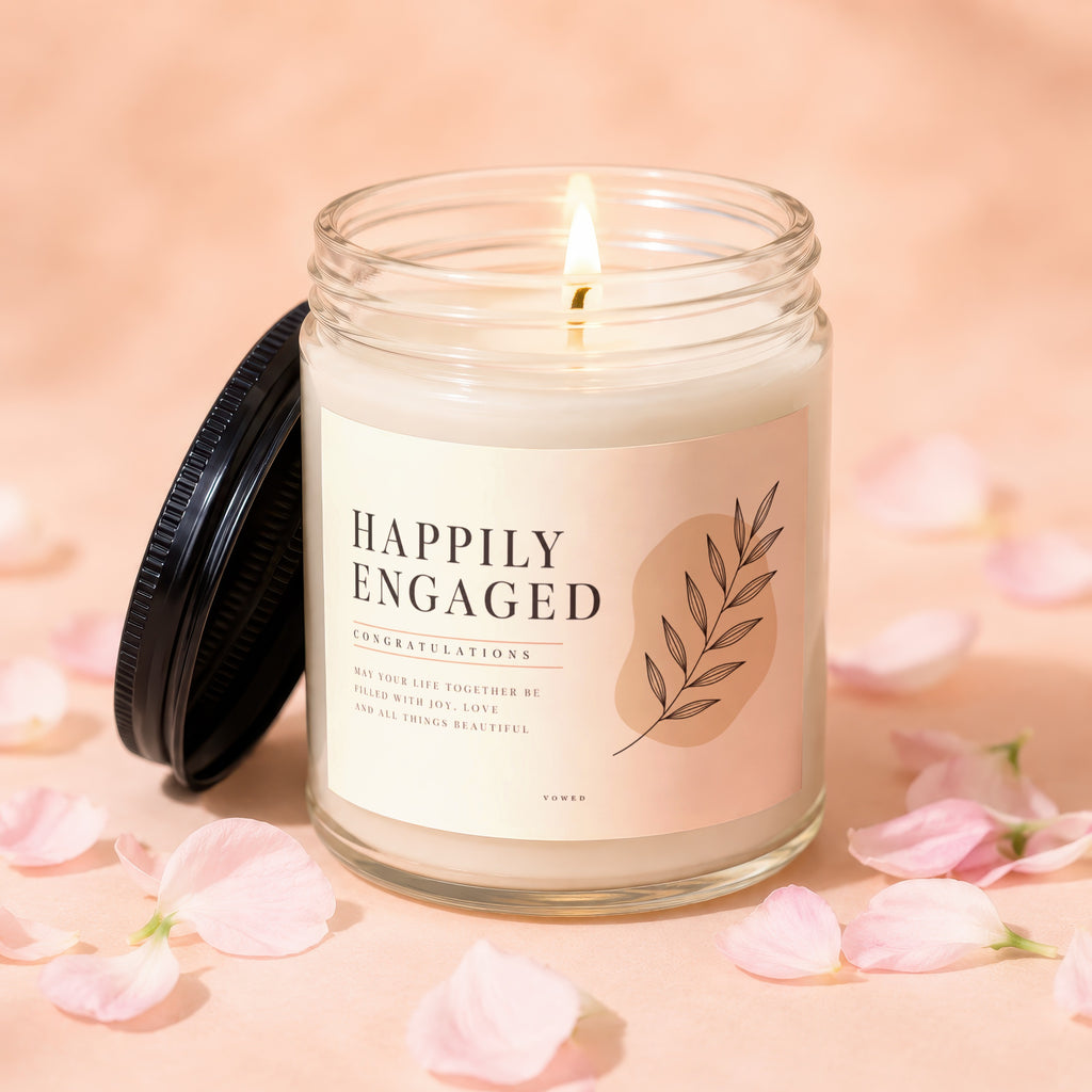 Candle with "Happily Engaged" text and floral design, lid off.