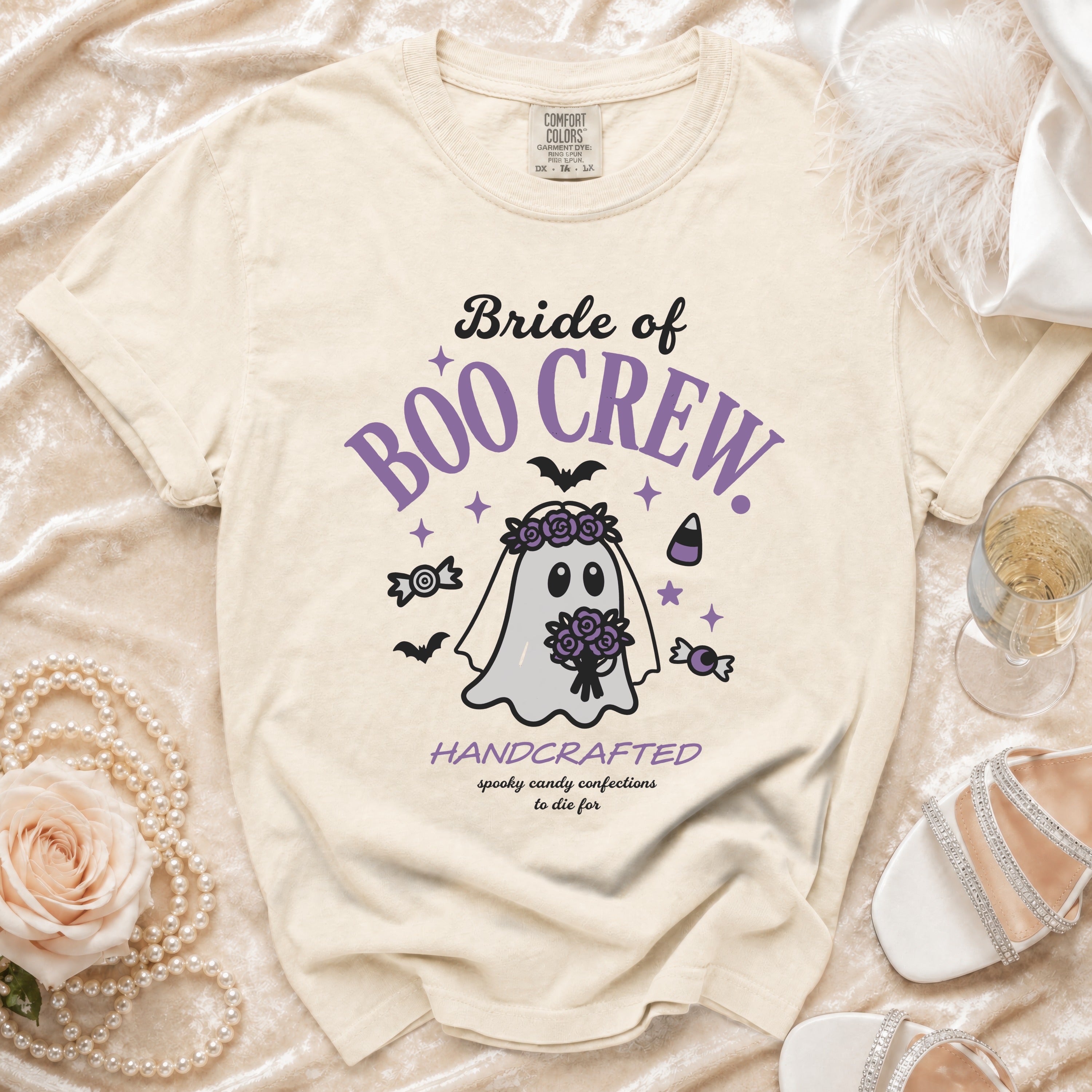 Cream t-shirt with "Bride of BOO CREW" text and ghost graphic.
