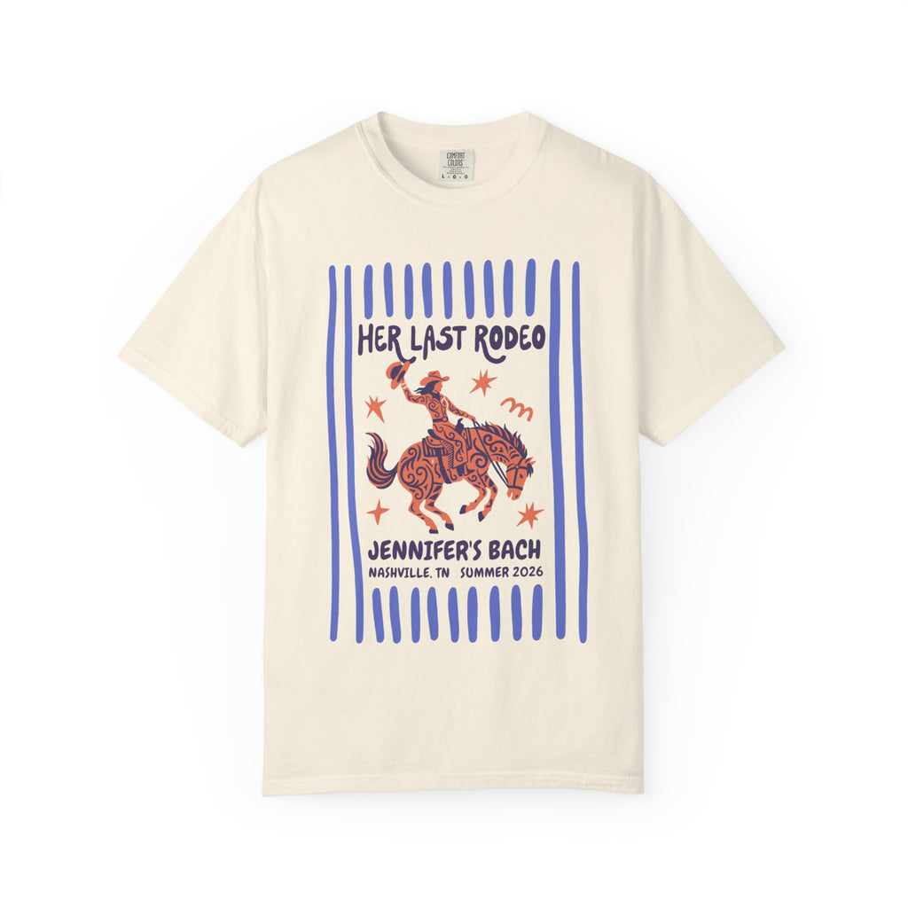 Cream t-shirt with "Her Last Rodeo" graphic and text.
