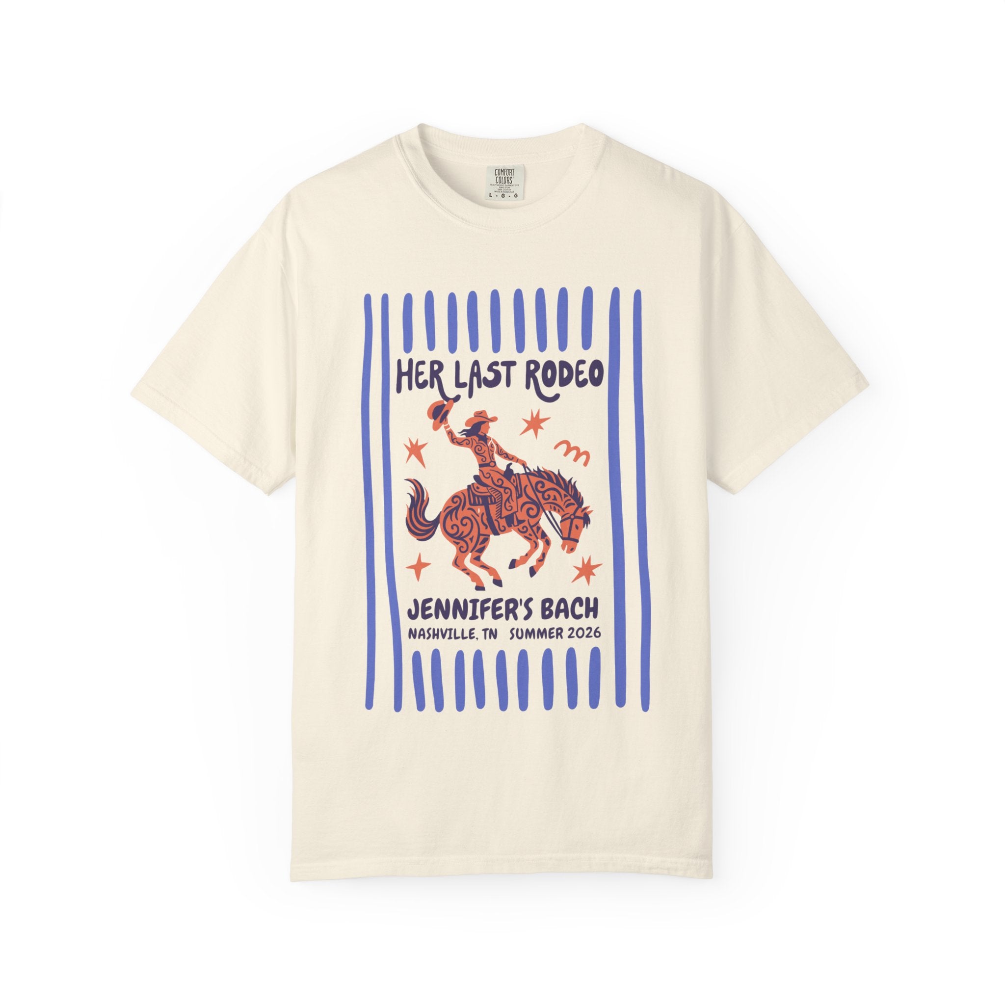 Cream t-shirt with "Her Last Rodeo" graphic and text.
