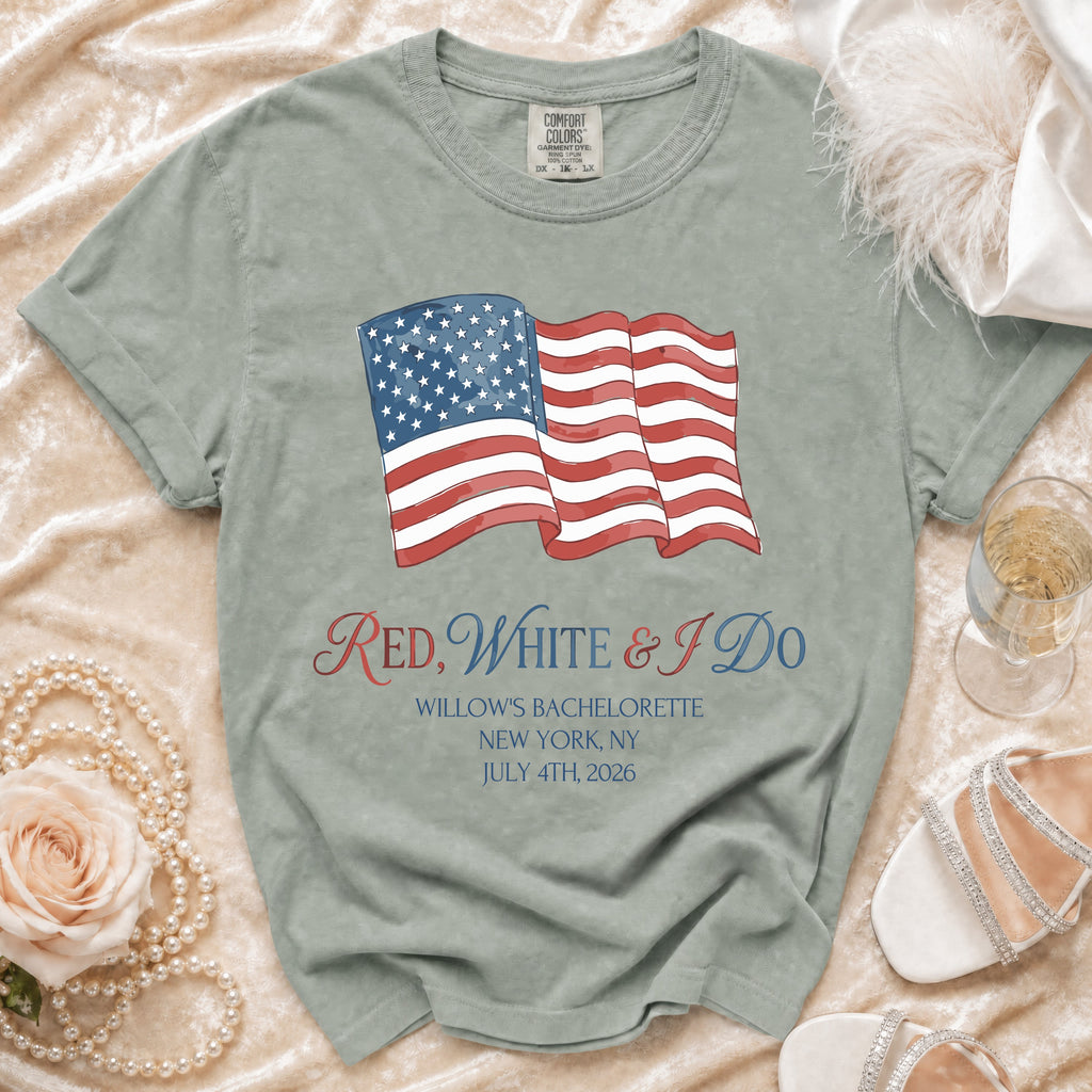 T-shirt with American flag graphic and "Red, White & I Do" text.