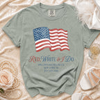 T-shirt with American flag graphic and "Red, White & I Do" text.