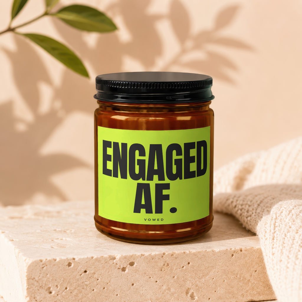 Glass jar with black lid labeled "ENGAGED AF." in black on a lime green background.