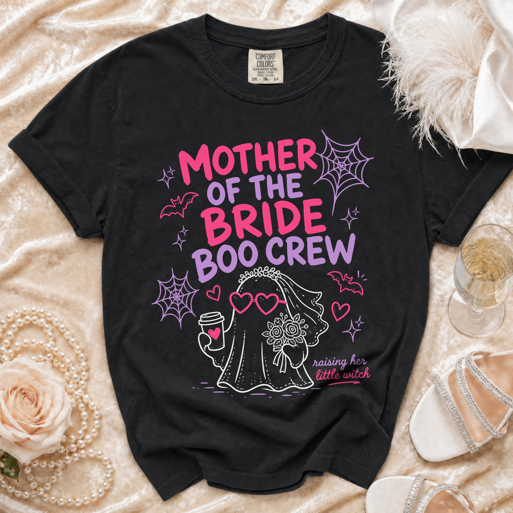 Black t-shirt with "Mother of the Bride Boo Crew" Halloween themed graphic.