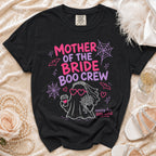 Black t-shirt with "Mother of the Bride Boo Crew" Halloween themed graphic.