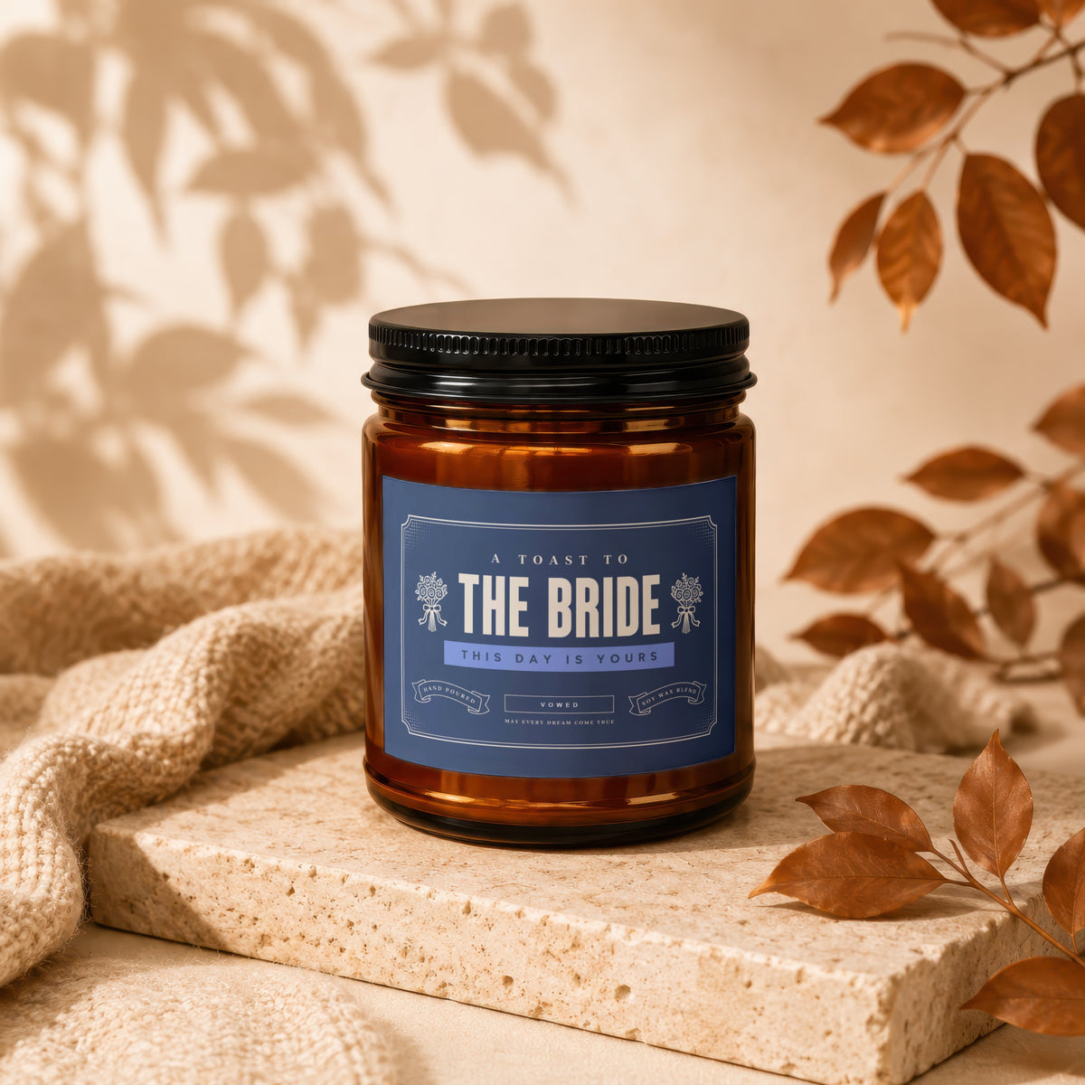 Amber candle with "The Bride" label, "This day is yours" text.