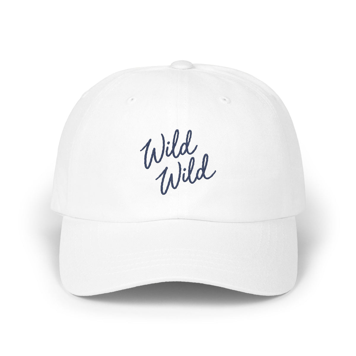 A white baseball cap with the blue embroidered text Wild Wild centered on the front panel.