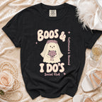 Black t-shirt with "Boos & I Do's Social Club" and ghost graphic.