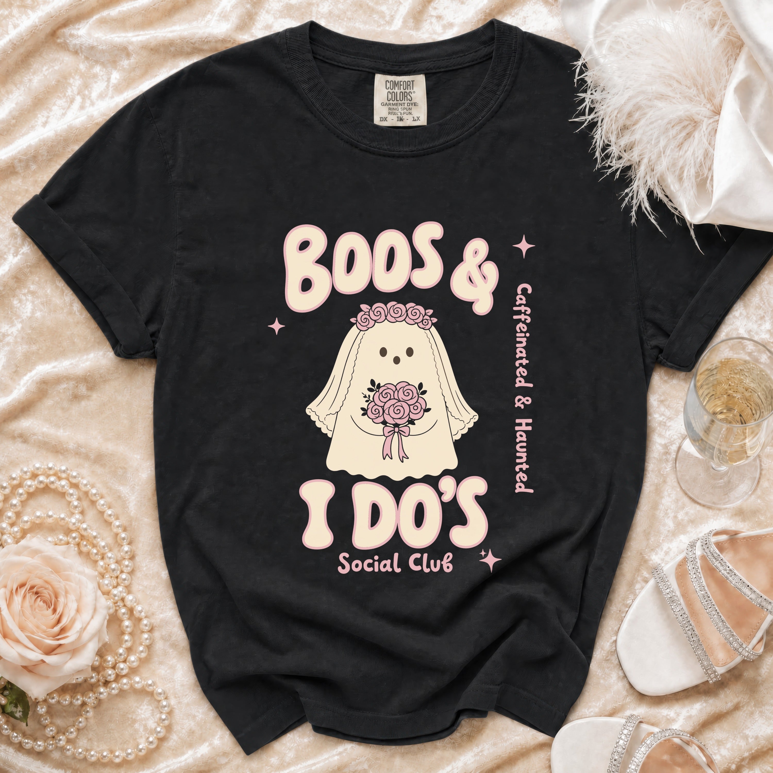 Black t-shirt with "Boos & I Do's Social Club" and ghost graphic.