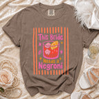 T-shirt with "This Bride Needs a Negroni" text inside a cocktail glass graphic.