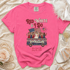 Pink t-shirt with "Red, White & I Do Willow's Bachelorette" text and patriotic illustration.