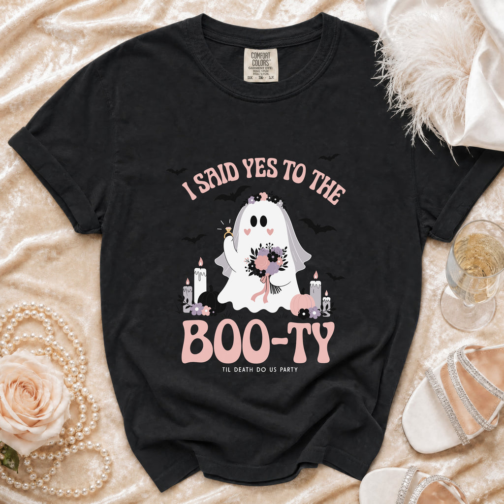 Black t-shirt with ghost bride graphic and text "I SAID YES TO THE BOO-TY".