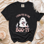 Black t-shirt with ghost bride graphic and text "I SAID YES TO THE BOO-TY".