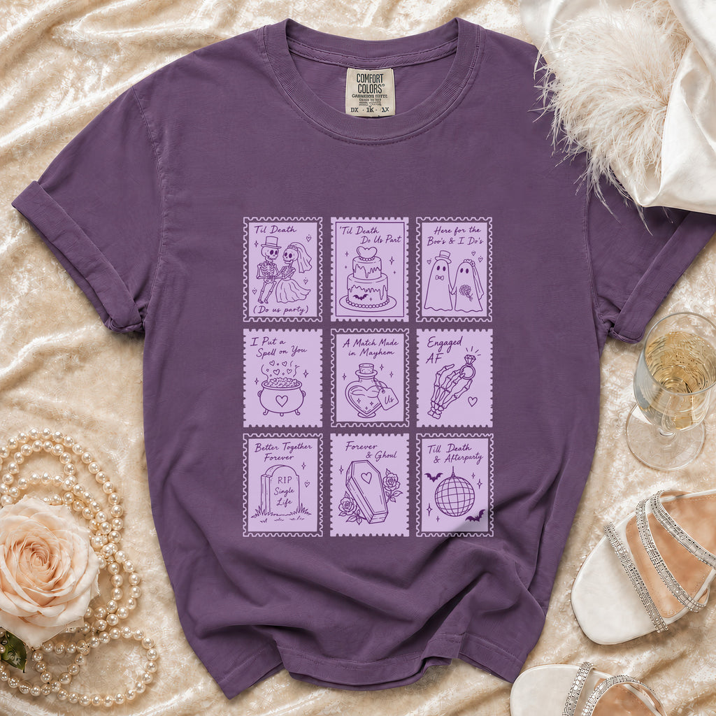 Purple t-shirt with nine stamp designs featuring gothic wedding and Halloween themes.