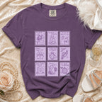 Purple t-shirt with nine stamp designs featuring gothic wedding and Halloween themes.