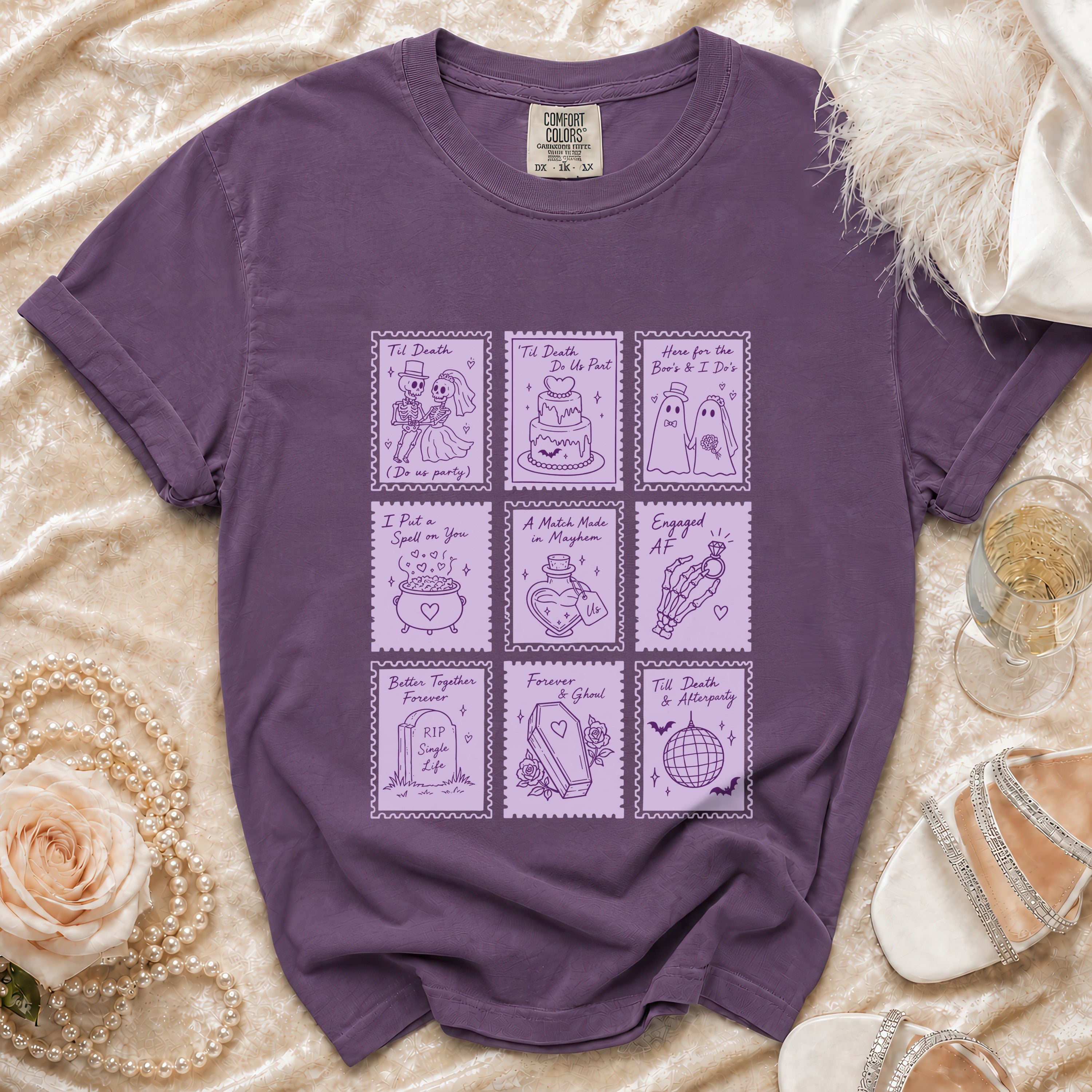 Purple t-shirt with nine stamp designs featuring gothic wedding and Halloween themes.