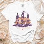White t-shirt with "Mother of the Bride" and witch hats graphic.