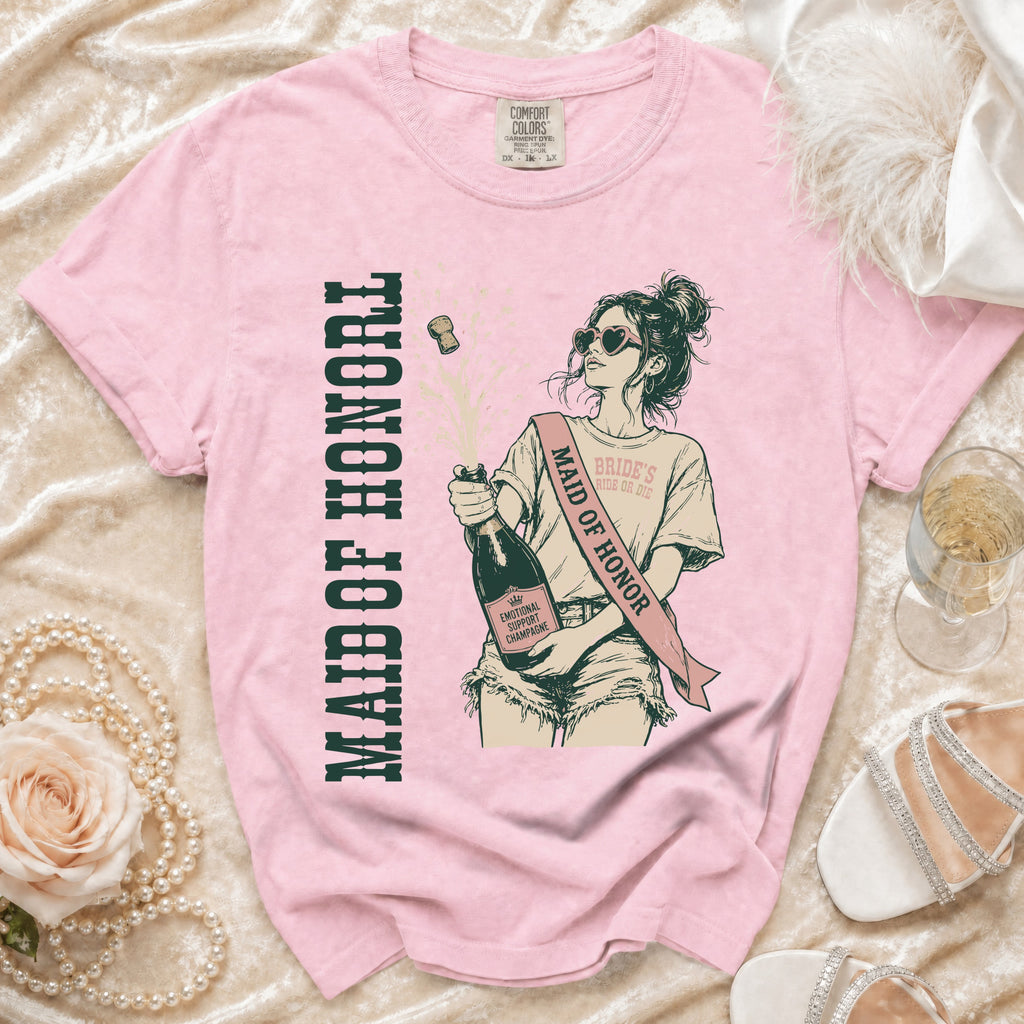 Pink t-shirt with "MAID OF HONOR" text and woman holding "Emotional Support Champagne".