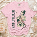 Pink t-shirt with "MAID OF HONOR" text and woman holding "Emotional Support Champagne".