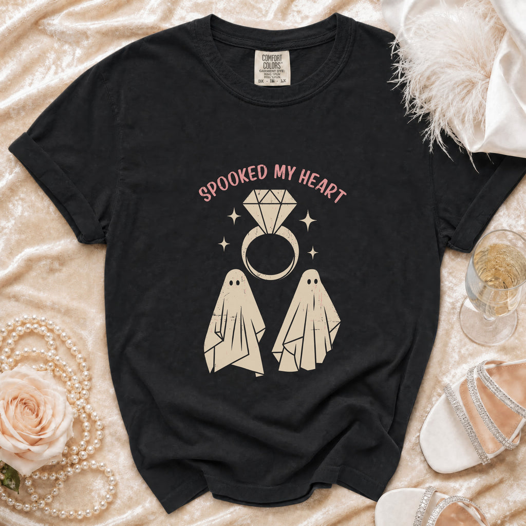 Black t-shirt with "Spooked My Heart" text, diamond ring, and two ghosts.