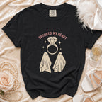 Black t-shirt with "Spooked My Heart" text, diamond ring, and two ghosts.