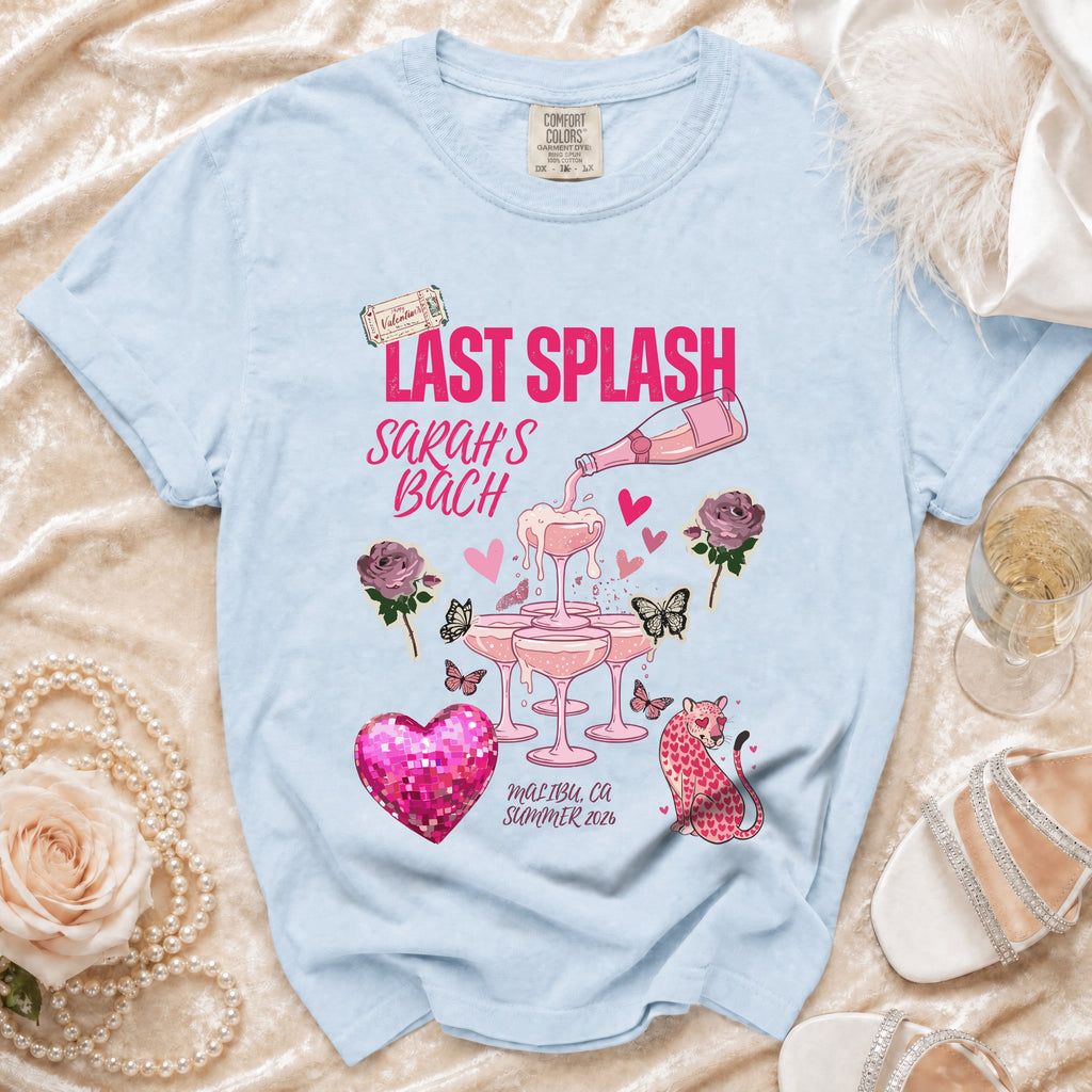 Light blue t-shirt for "Last Splash Sarah's Bach" with champagne and hearts.