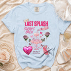 Light blue t-shirt for "Last Splash Sarah's Bach" with champagne and hearts.