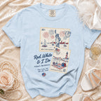 Light blue t-shirt with "Red, White & I Do" text and New York Harbor graphic.