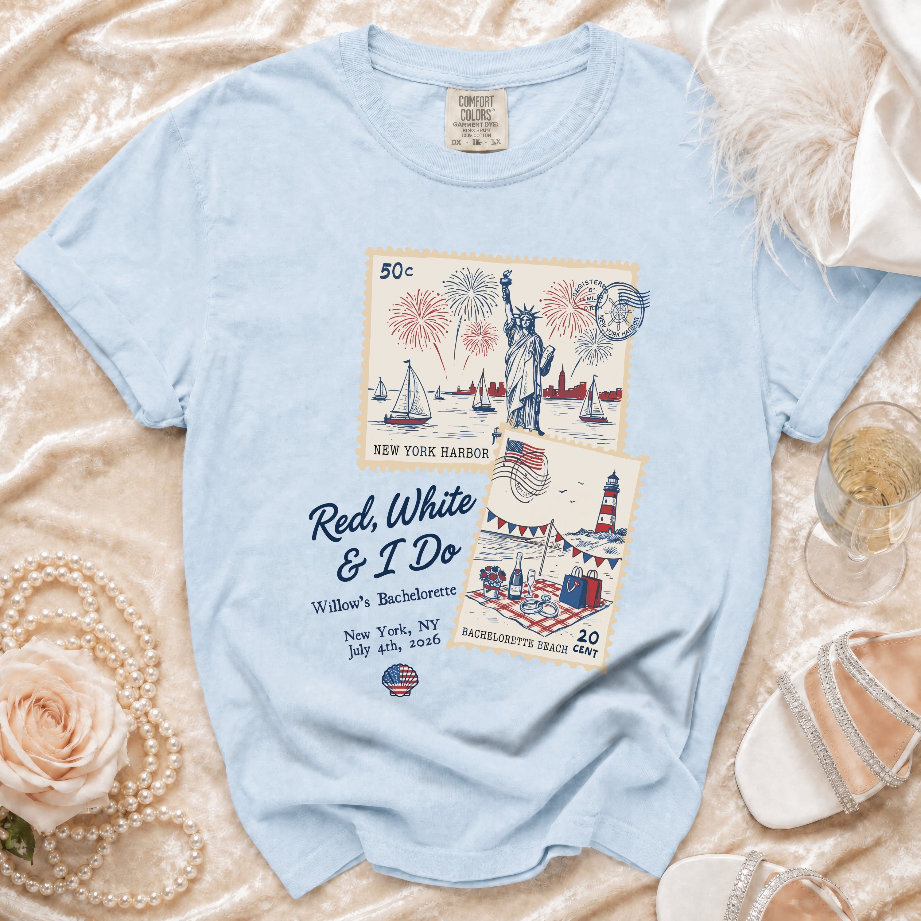 Light blue t-shirt with "Red, White & I Do" text and New York Harbor graphic.