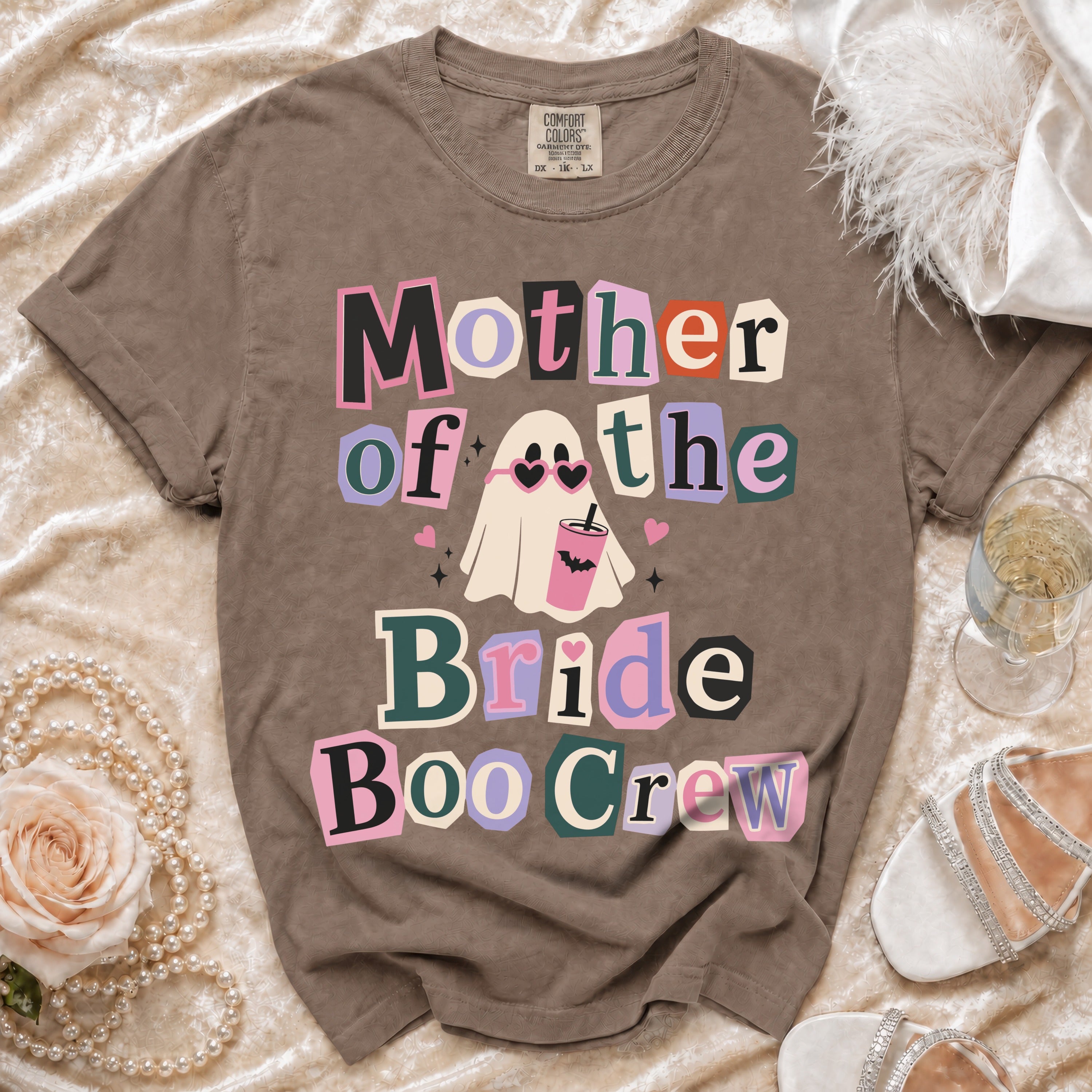 Brown t-shirt with "Mother of the Bride Boo Crew" text and a ghost graphic.