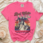 Pink t-shirt with "Red, White & I Do Willow's Bachelorette" text and Statue of Liberty.