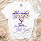 White t-shirt with "HER LAST RODEO" and bachelorette details for Nashville, TN, Summer 2026.