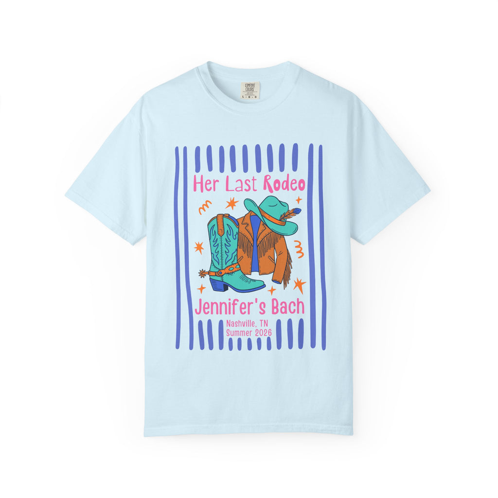 Light blue t-shirt with "Her Last Rodeo Jennifer's Bach Nashville, TN Summer 2026" graphic.