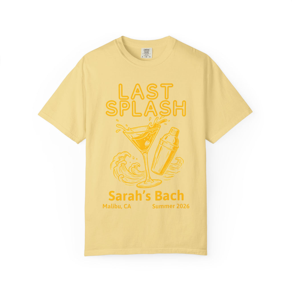 Sarah's Bach "Last Splash" t-shirt with cocktail and waves graphic.