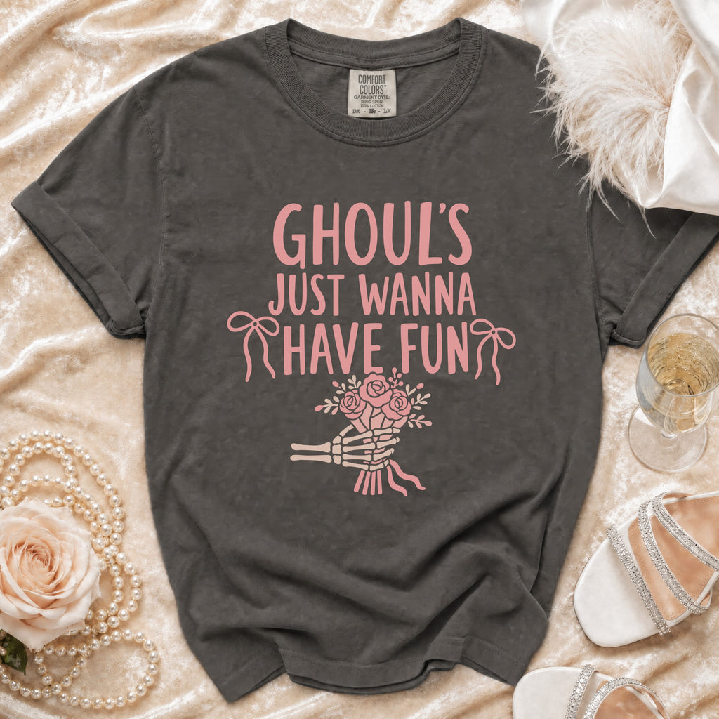 Dark grey t-shirt with pink text "GHOUL'S JUST WANNA HAVE FUN" and skeleton hand holding flowers.