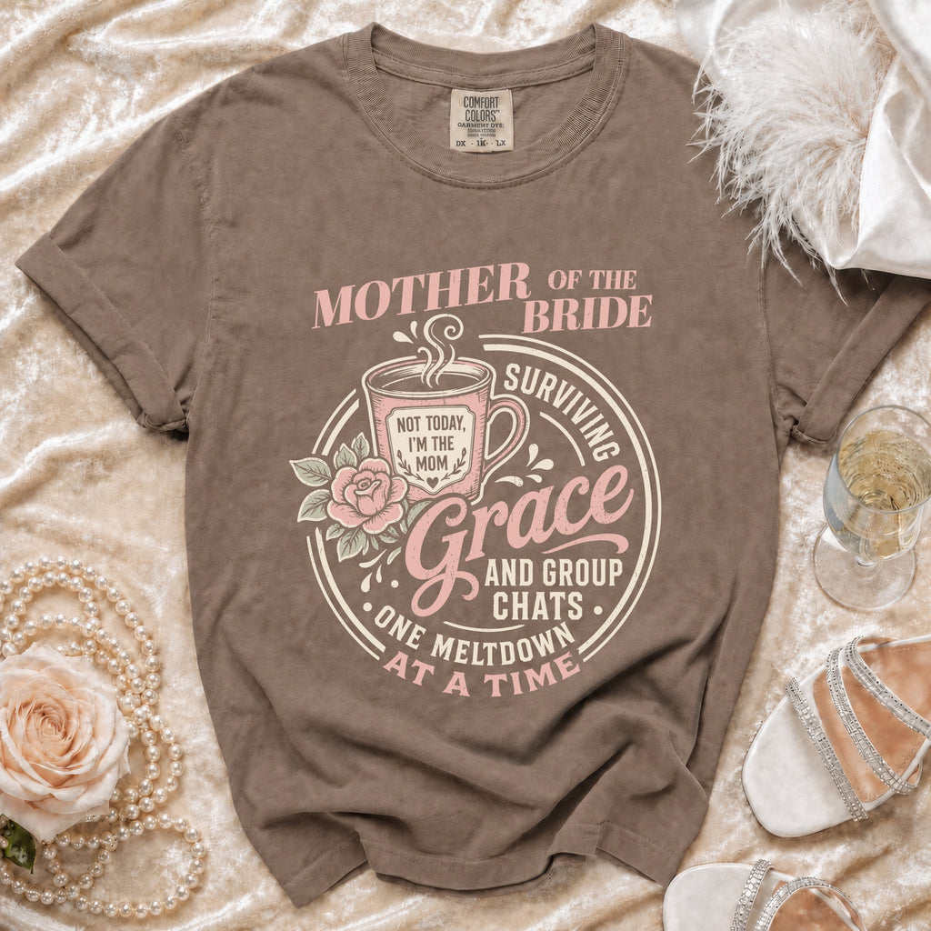 Brown t-shirt with "Mother of the Bride Surviving Grace and Group Chats" graphic.